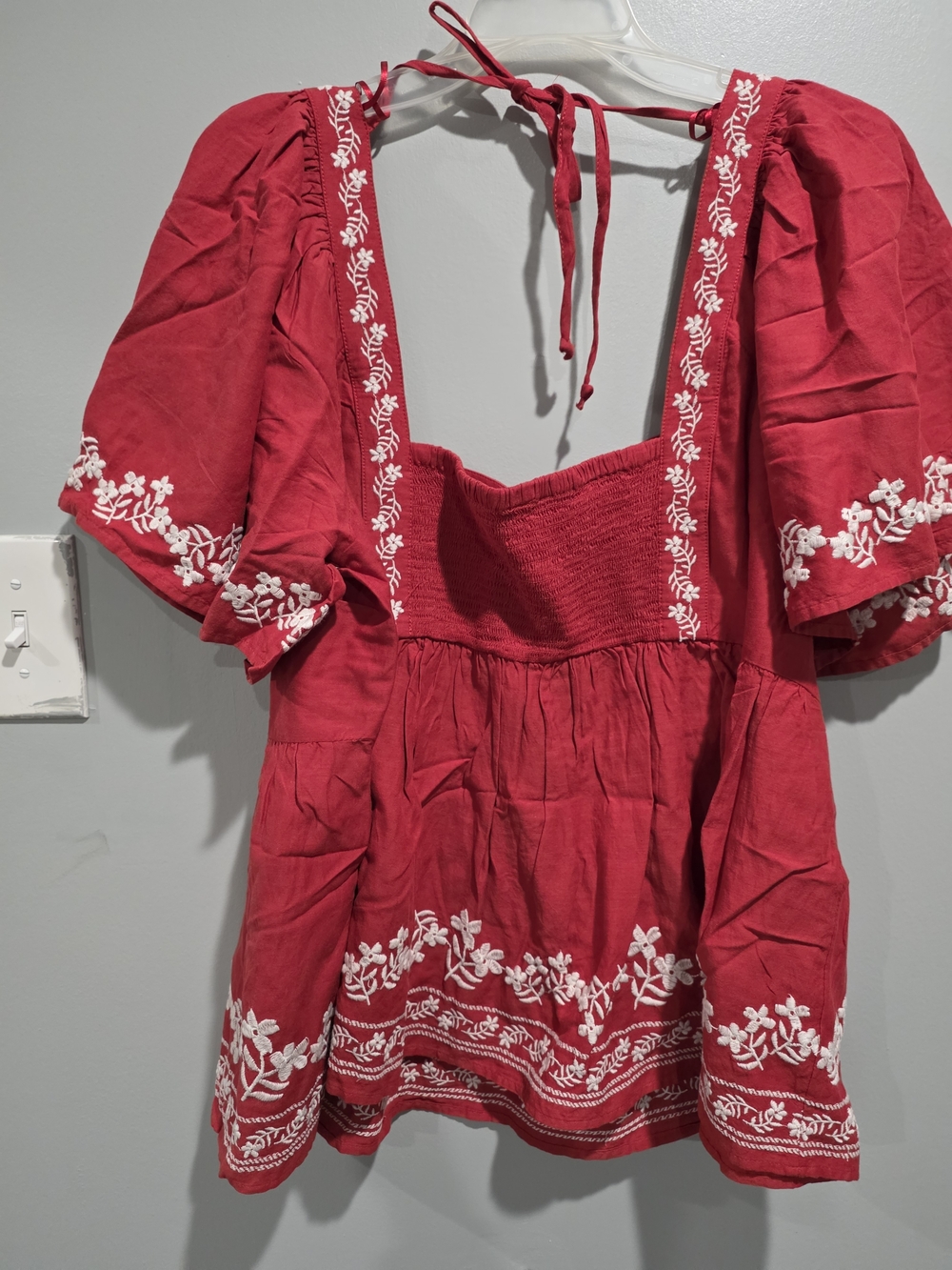 Red Embroidered Peasant Peplum Top - Picture 3 of 3